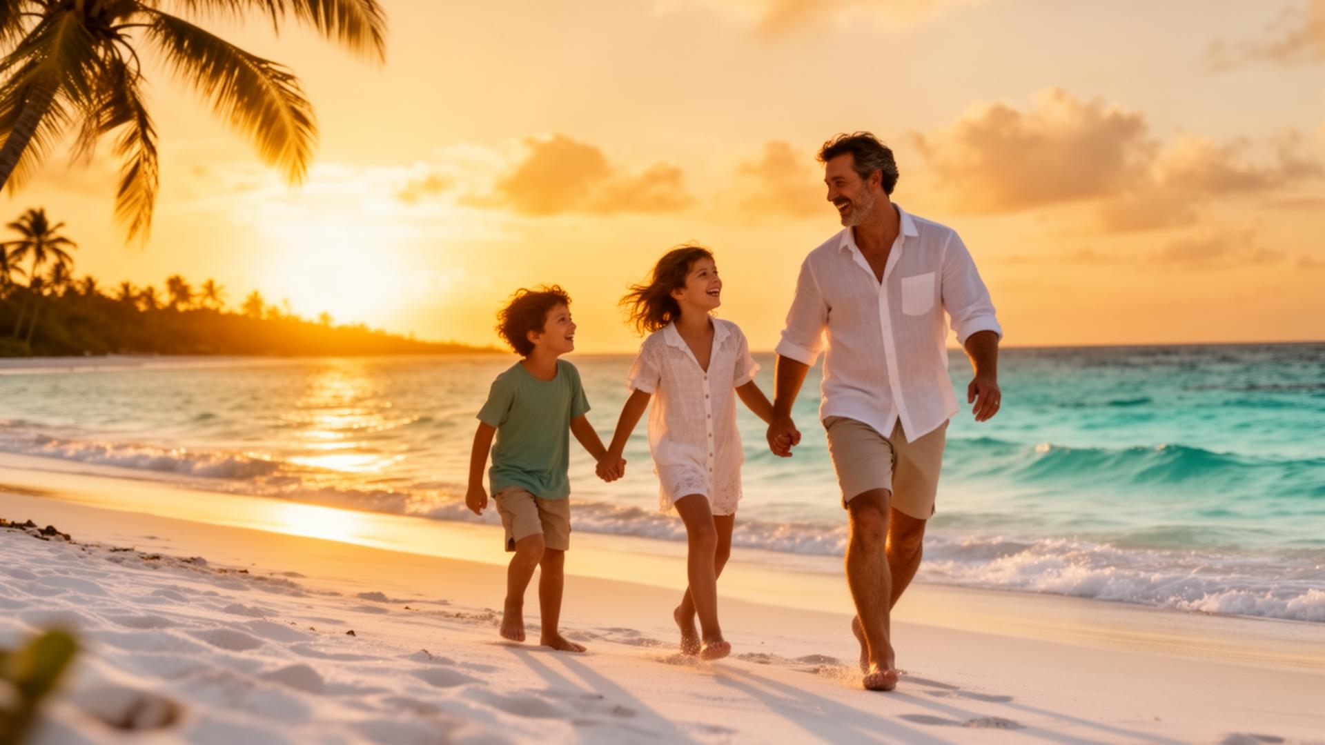 Família feliz aproveitando viagem em praia tropical ao pôr do sol